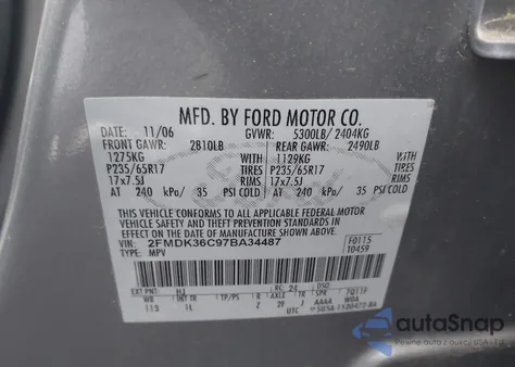 2007 Ford Edge Se from USA, damaged, VIN 2FMDK36C97BA34487